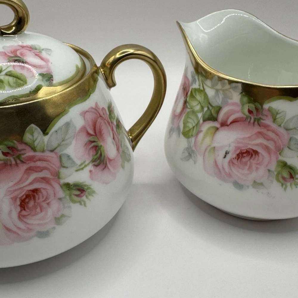 Vintage Bavaria J&C Porcelain Sugar Bowl & Creamer Set Pink Roses Gold Trim #117 - Picture 10 of 10